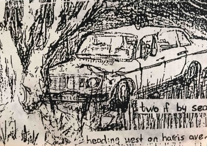 Front of Two If By Sea cassette, car smashed into a tree